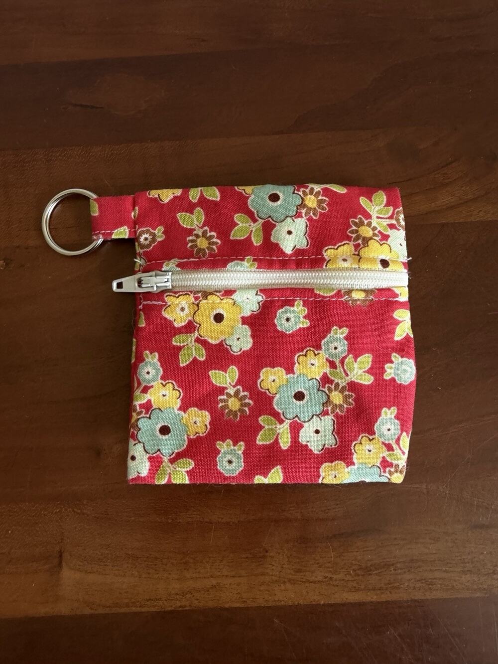 Handmade Red Yellow Blue Floral Coin Pouch with Keychain Clip Zip Closure